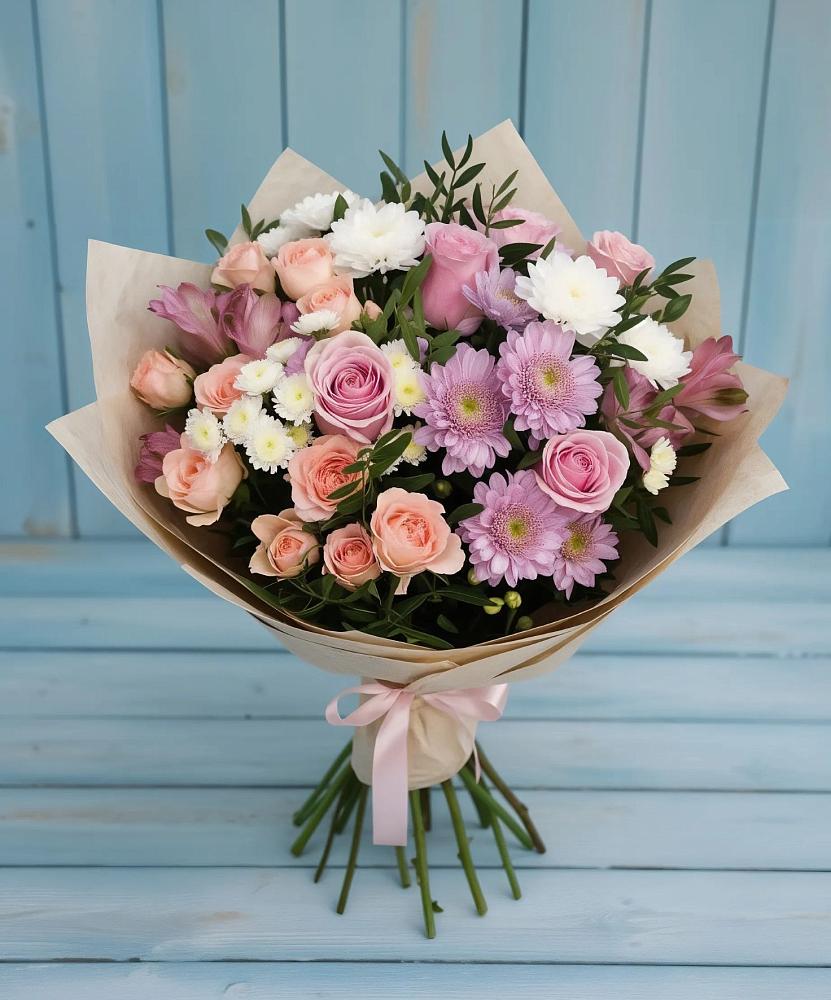 Букет цветов из: Хризантемы, Розы и Альстромерии в Курской