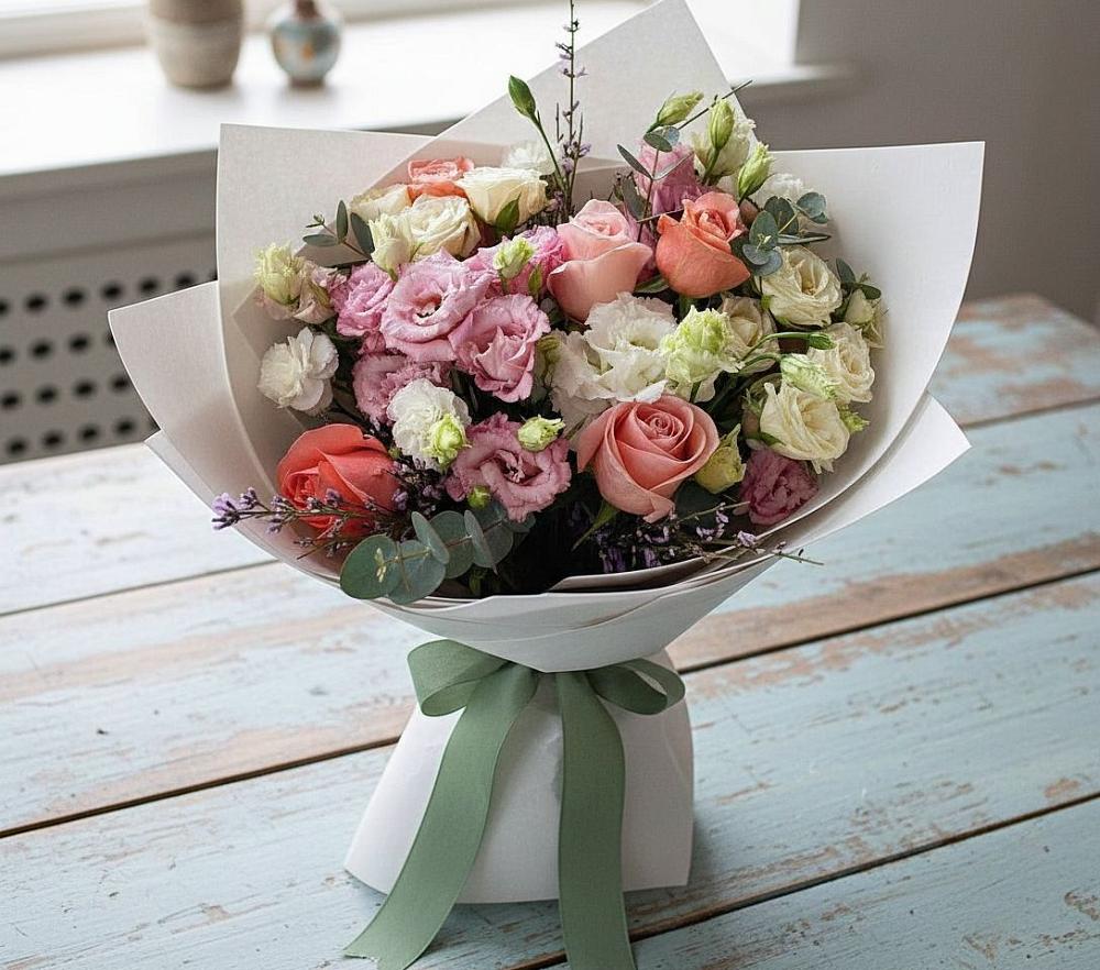 Букет цветов из: Розы, Лизиантусы и Гвоздики в Курской