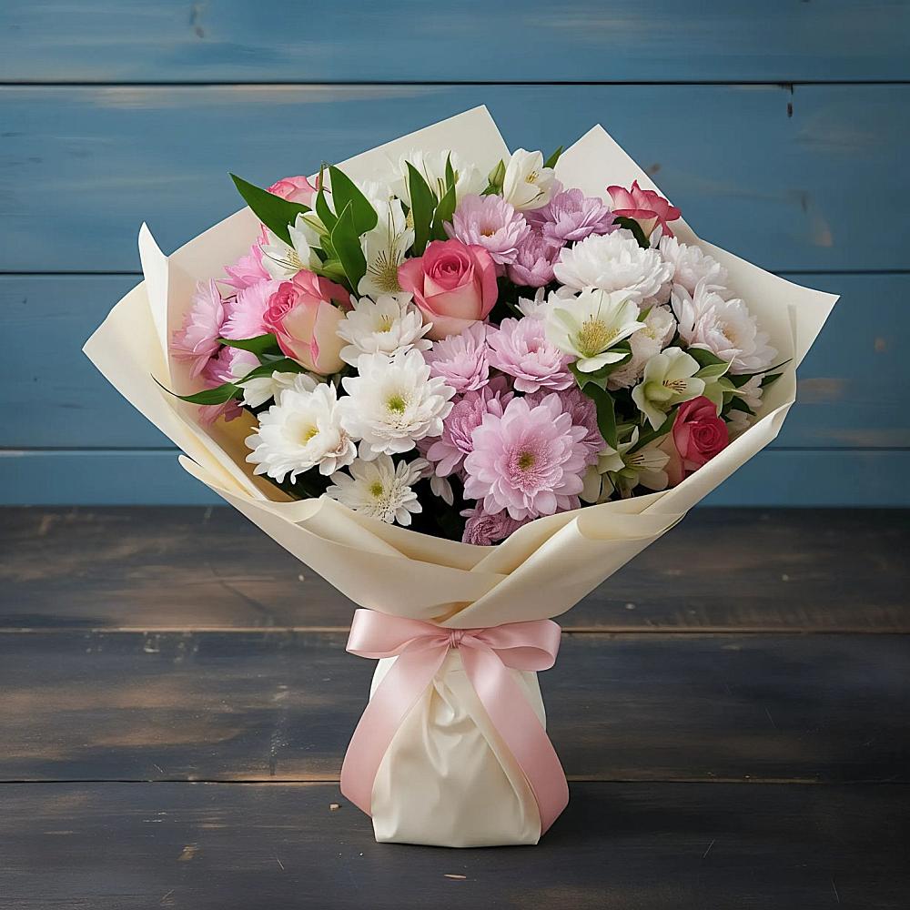 Букет цветов из: Хризантемы, Альстромерии и Розы в Курской